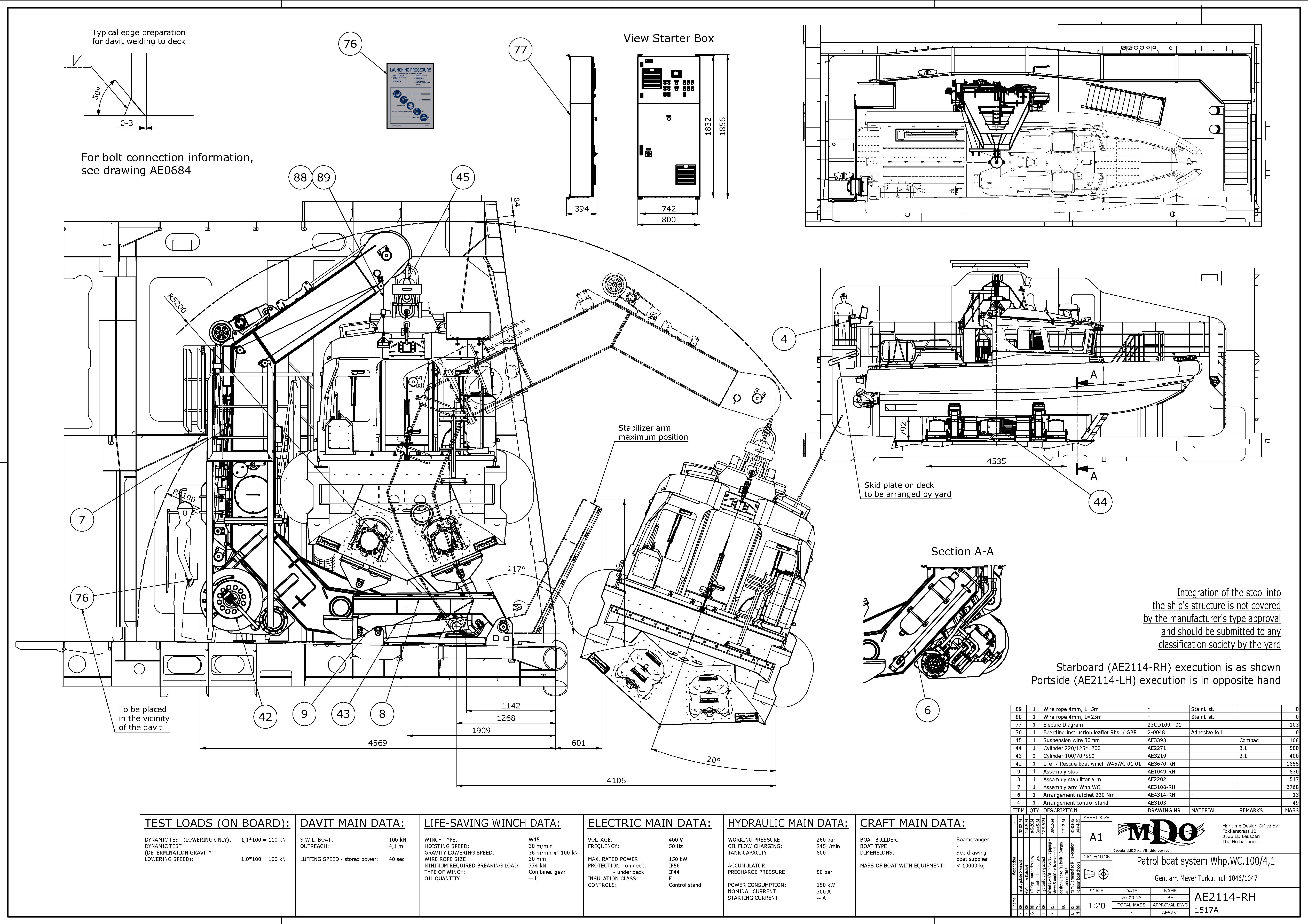 General arrangement drawing AE2114-RH of the patrol boat davit system Whp.WC.100/4,1