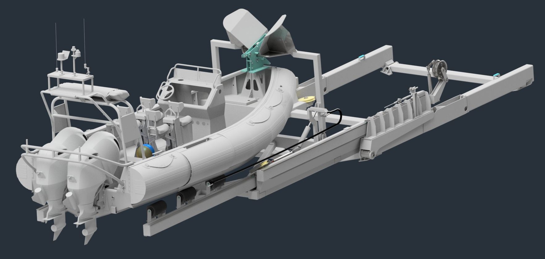 Telescopic stern davit with the arm extended, holding a work boat outboard