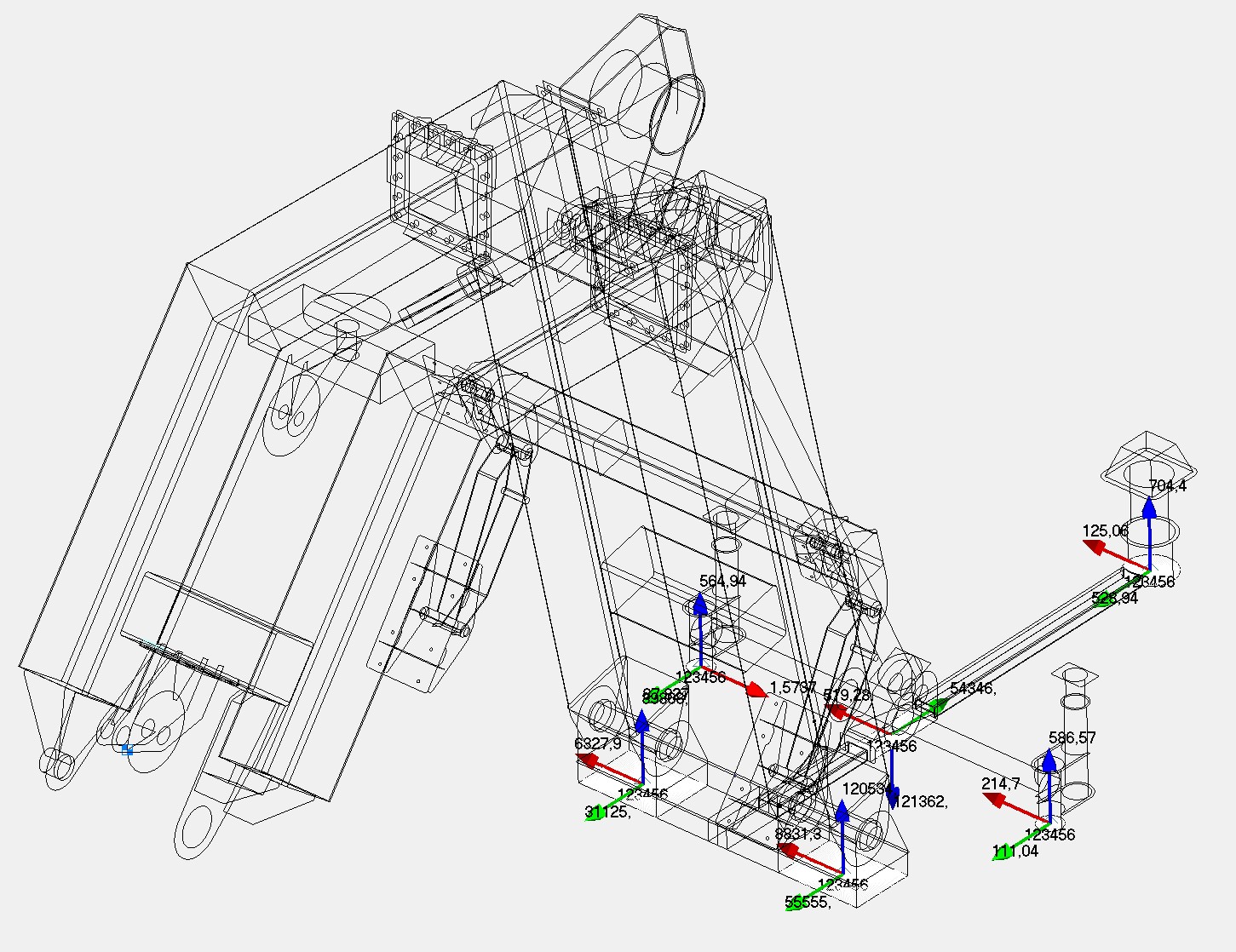 Wireframe model showing the reaction forces at each deck foundation of a davit system