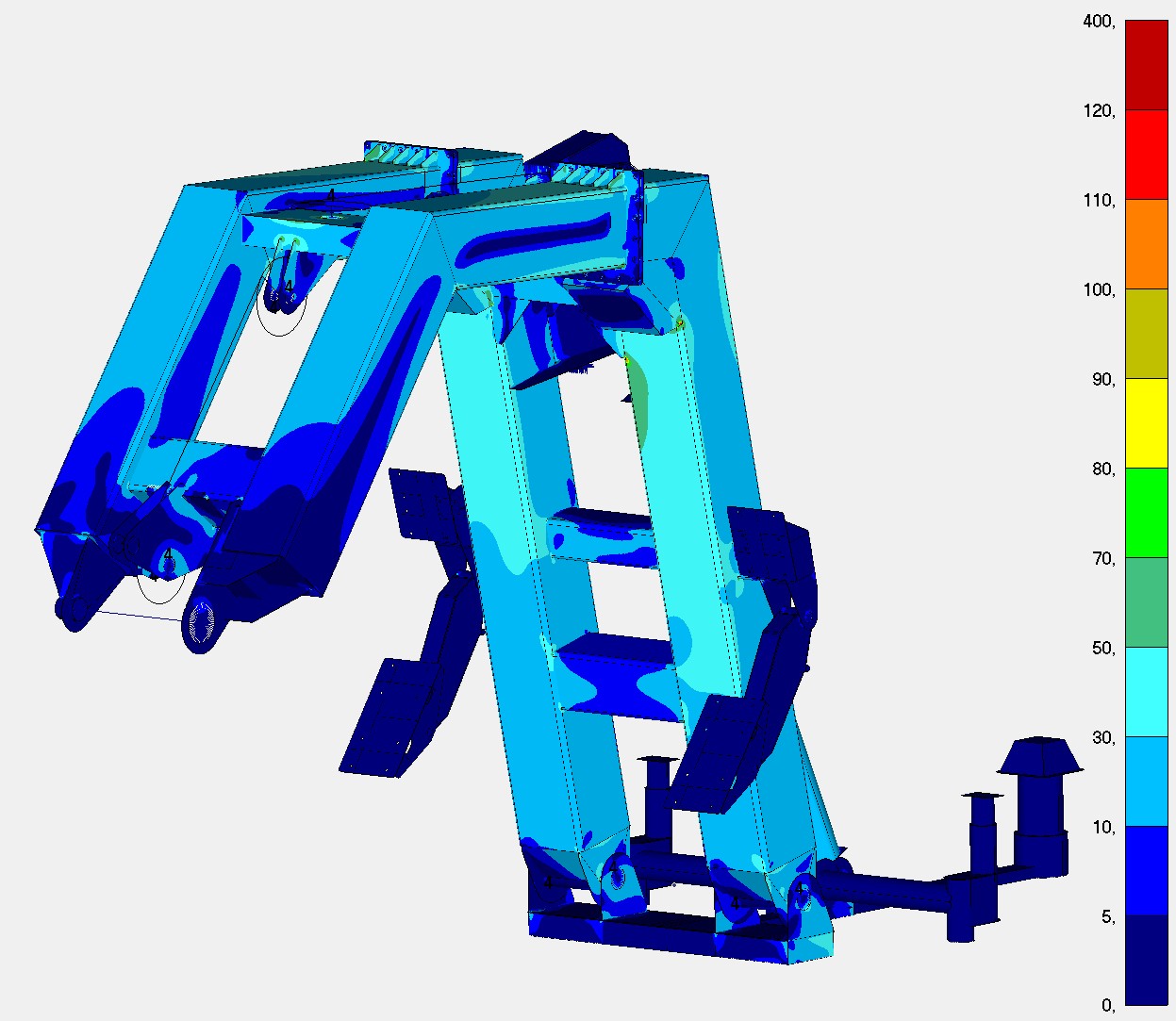 Finite element model of a davit in the outboard position, coloured by von Mises stress
