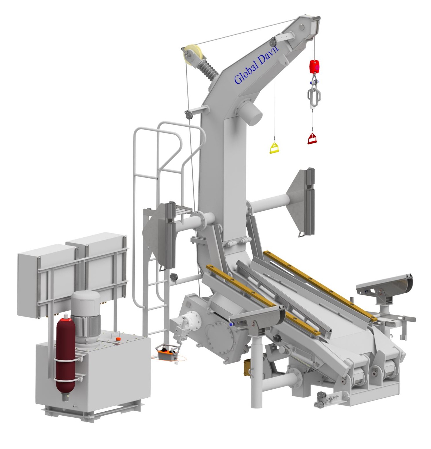 Hydraulic pivot davit for a rescue boat, with cradle and hydraulic power unit