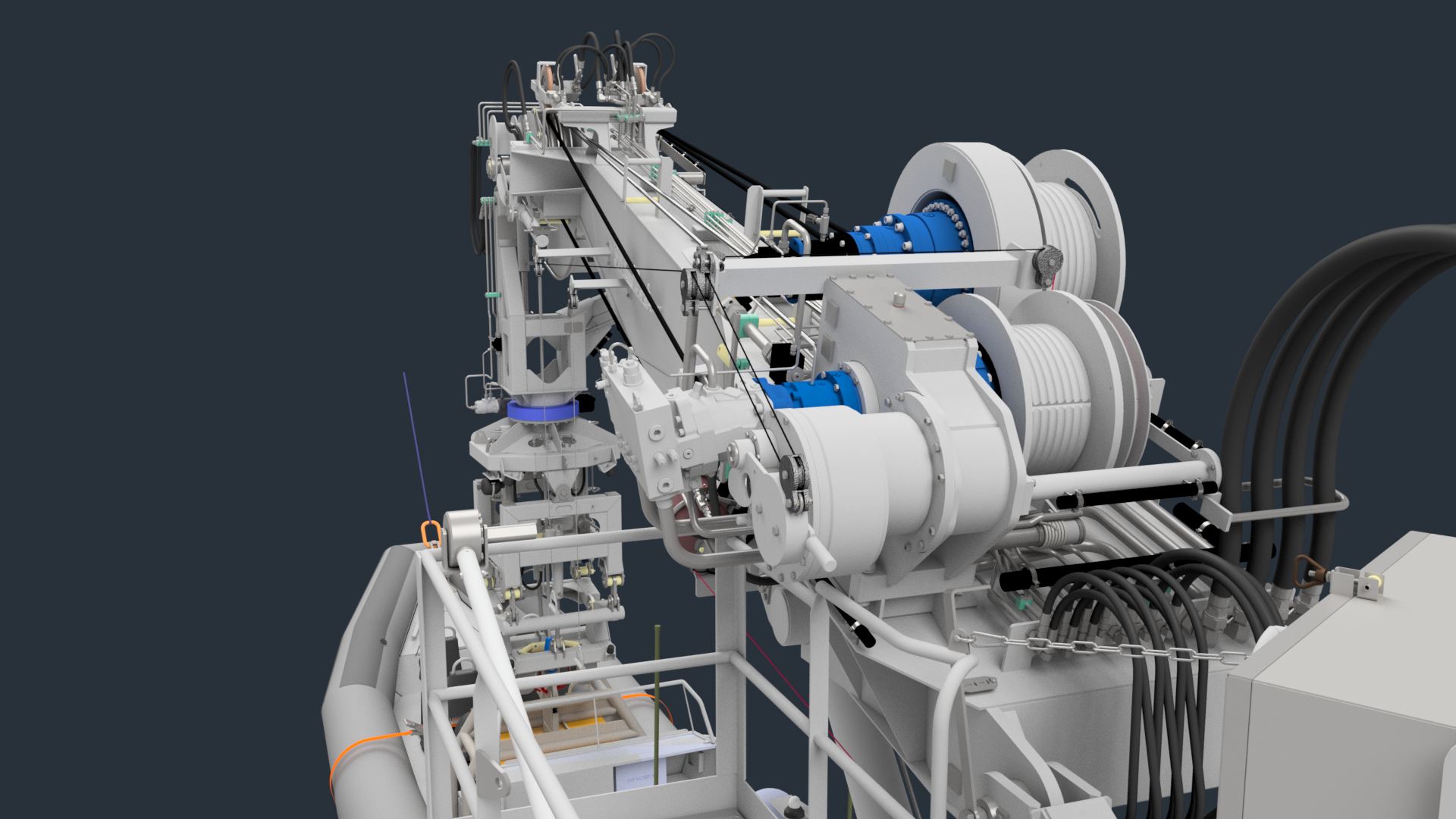 Close-up of the winch arrangement and hydraulic drives of a slewing rescue boat crane