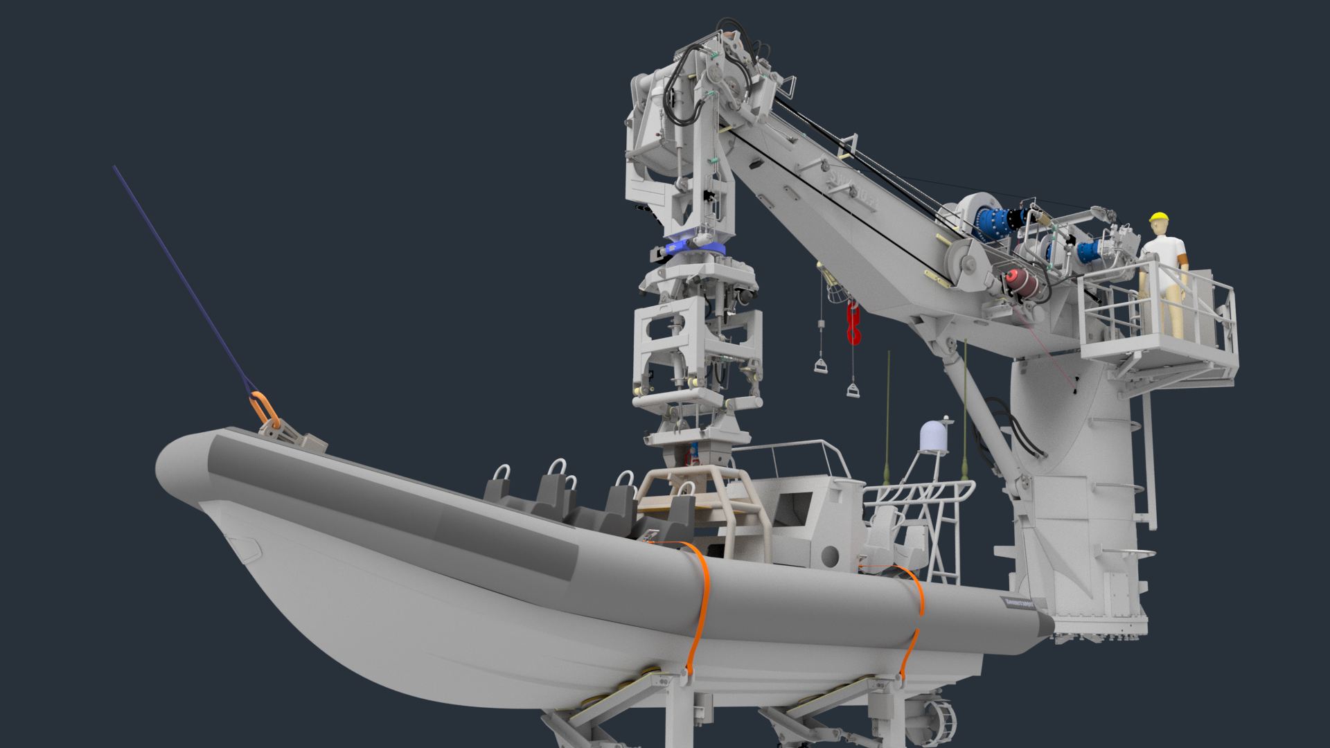 Slewing rescue boat crane with the boat in the stowed position and the operator platform alongside